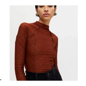 Urban Outfitters Natalia Mock Neck Top Sz S Brown Cutout Long-Sleeve Blouse